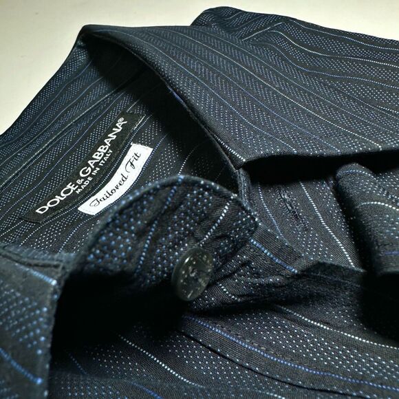DOLCE & GABBANA Shirt Striped Blue Black Cotton Slim Fit Dress 43 / US17 / Large - Picture 6 of 13